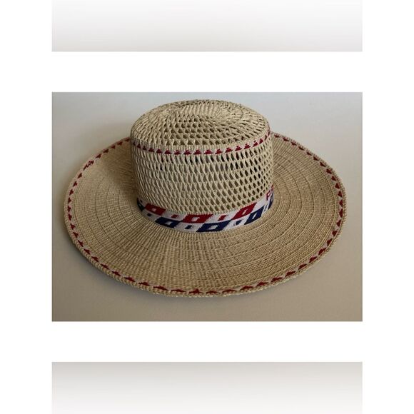 Vintage Classic Panama Straw Hat with Red & Navy Trim ~ Excellent
